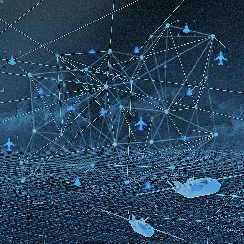 Schematic representation of the FCAS as a network system. Airplanes connected with lines are shown.
