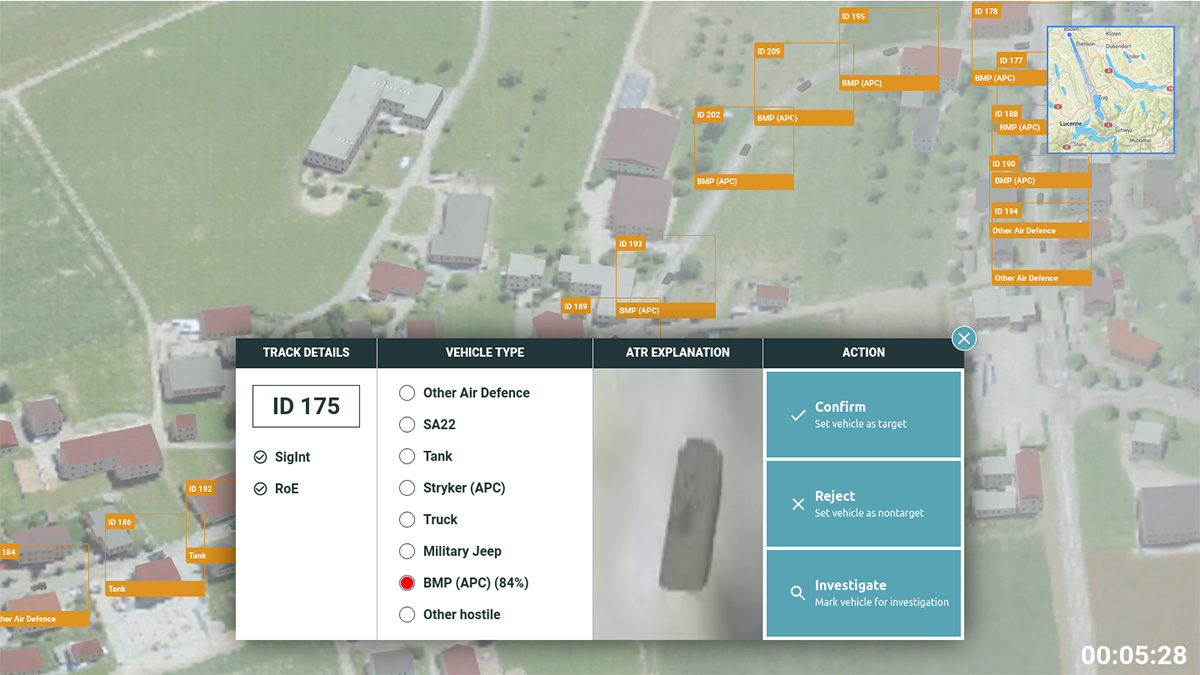 Screenshot from the AI demonstrator showing BMP (APC) vehicles detected on aerial photos with automatic target recognition (ATR)