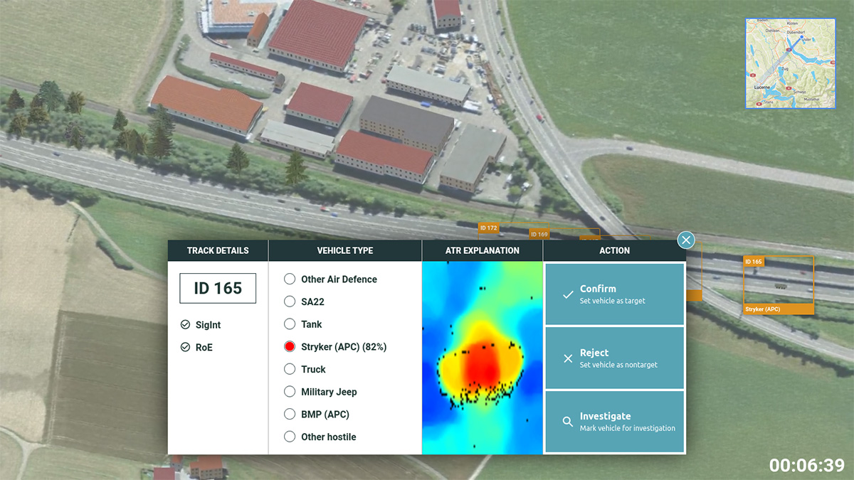 Screenshot from the AI demonstrator showing Stryker (APC) vehicles detected on aerial photos with automatic target recognition (ATR)